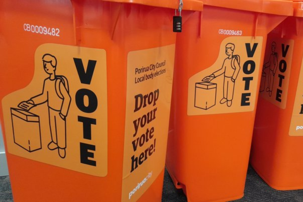 Orange Porirua City Council voting boxes for local elections.