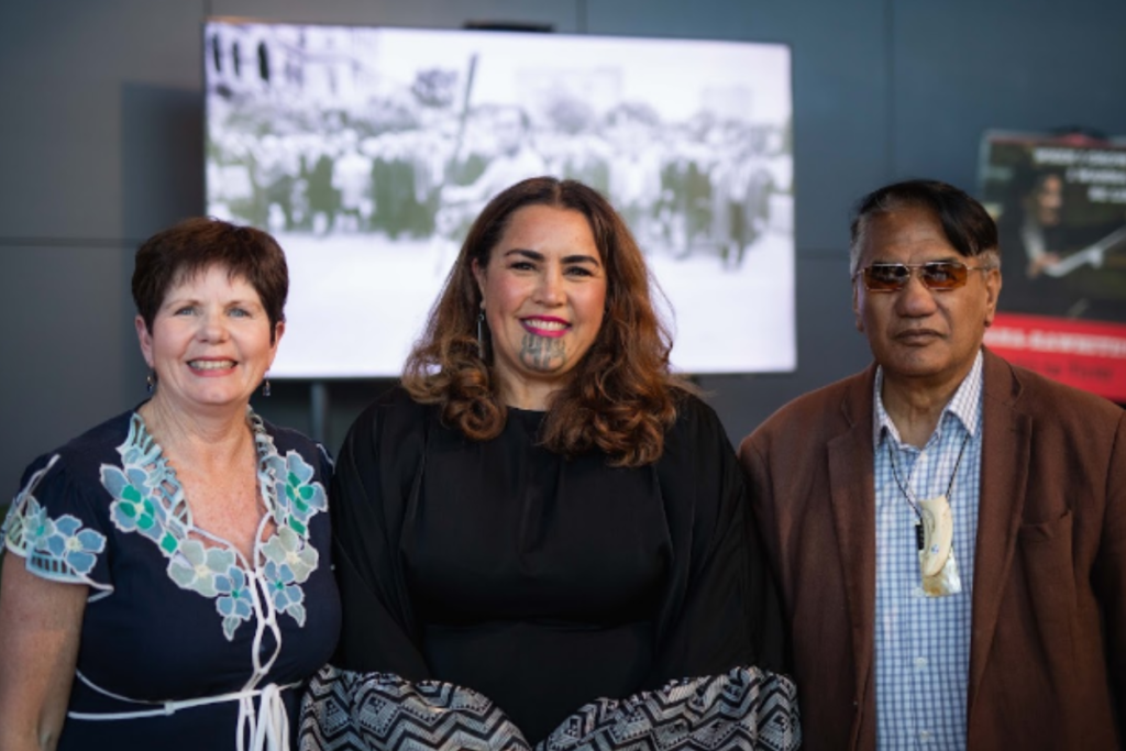 Porirua Mayor Anita Baker with author Pania Tahau-Hodges and Dr Te Taku Parai at Pātaka Art + Museum.