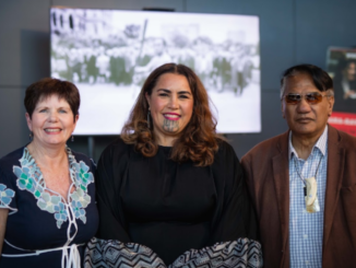 Porirua Mayor Anita Baker with author Pania Tahau-Hodges and Dr Te Taku Parai at Pātaka Art + Museum.