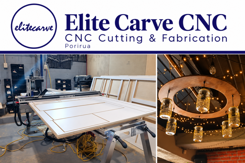 Elite Carve CNC, CNC cutting and fabrication in Porirua, with workshop equipment and custom timber lighting.