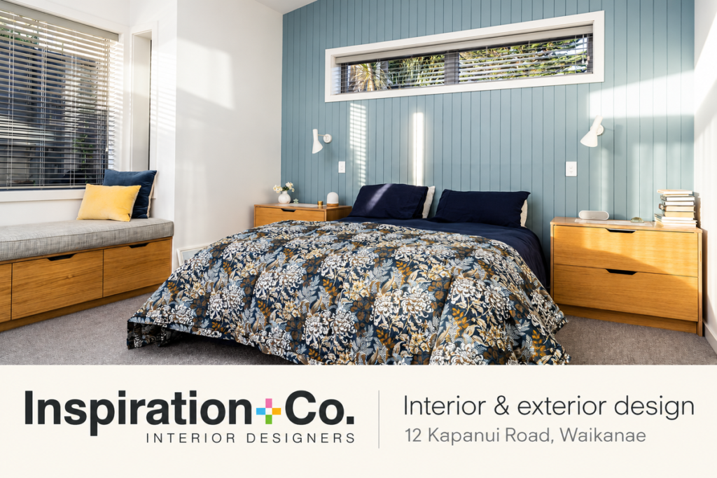 Inspiration+Co. interior and exterior design, showing a blue bedroom, 12 Kapanui Road, Waikanae.