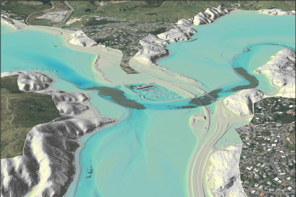LINZ three-dimensional visualisation showing Porirua Harbour, the marina and surrounding coastal terrain.