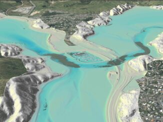 LINZ three-dimensional visualisation showing Porirua Harbour, the marina and surrounding coastal terrain.