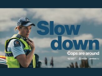Road safety campaign graphic showing a police officer beside the words Slow down, Cops are around, with Police, NZTA and Porirua City logos.