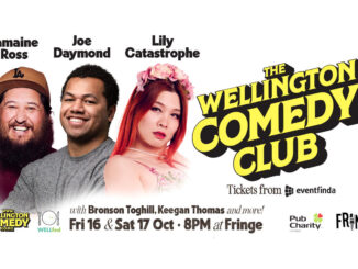 Publicity poster for The Wellington Comedy Club featuring Jamaine Ross, Joe Daymond and Lily Catastrophe, with 16 and 17 October show dates and WELLfed logo.