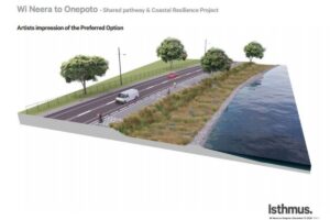 Design illustration of a road and shared pathway beside Porirua Harbour, with trees, planting and coastal protection.