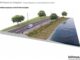 Design illustration of a road and shared pathway beside Porirua Harbour, with trees, planting and coastal protection.